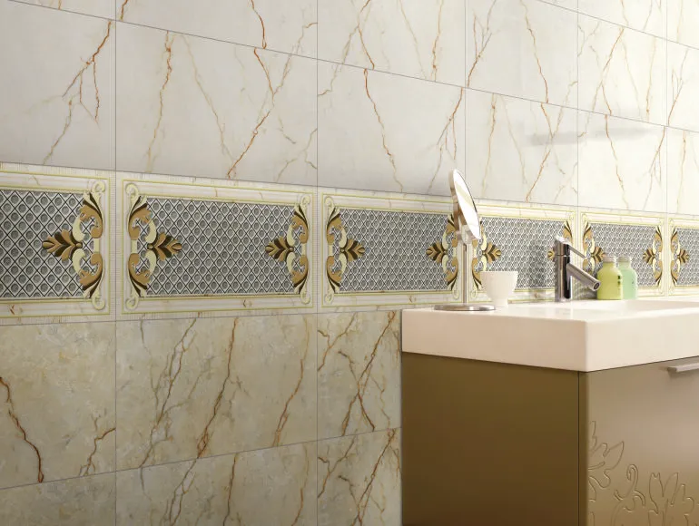 Elegant beige bathroom design with Sylvia Brown tiles and storage cabinet